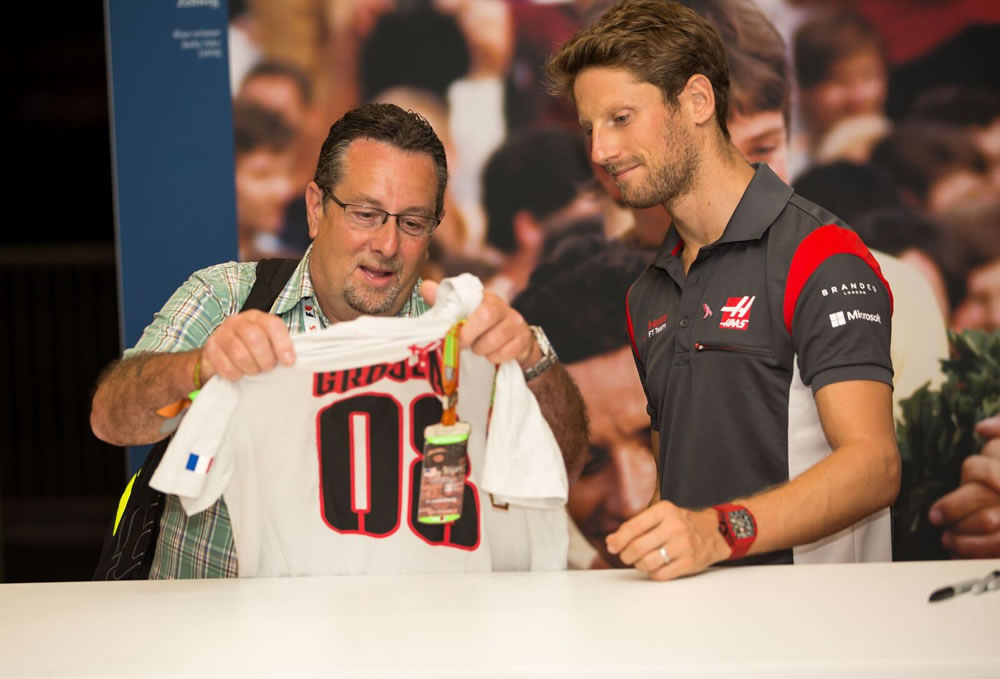 F1 race fan with Romain Grosjean